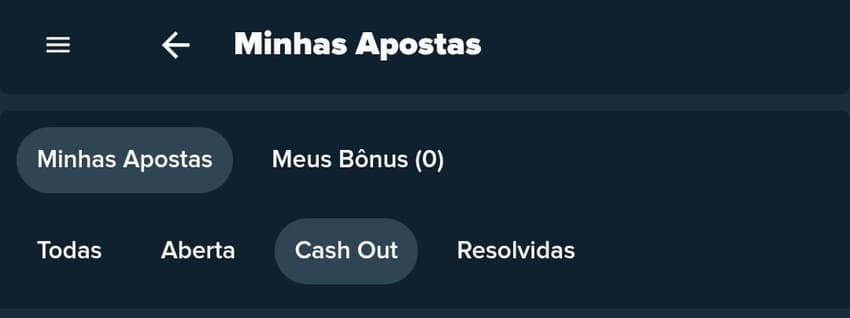Captura de tela do menu "Minhas Apostas" com a opção "Cash Out" selecionada no aplicativo da Stake.