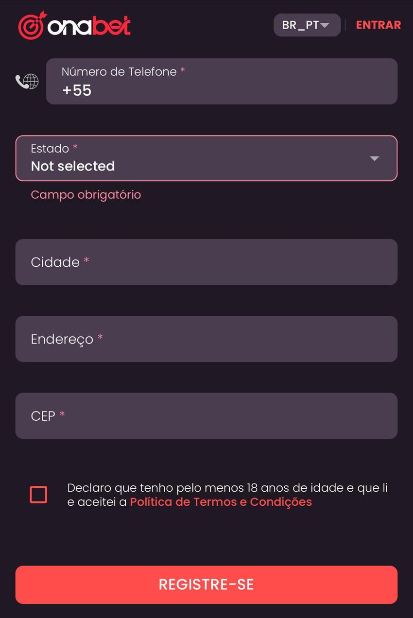 Captura da tela de cadastro na Onabet