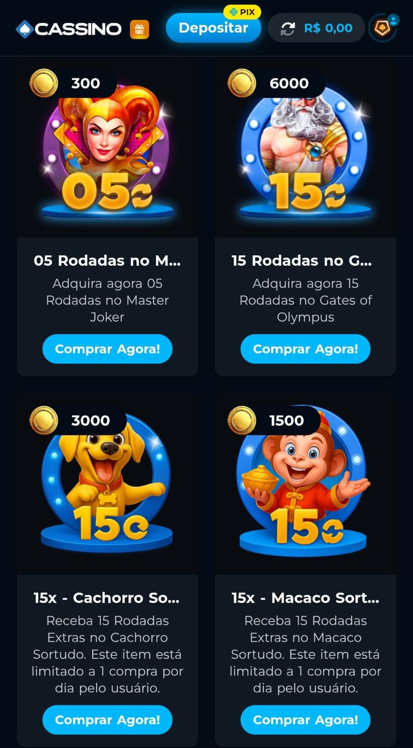 Captura de tela da página de recompensas do programa Club VIP do Cassino Pix.