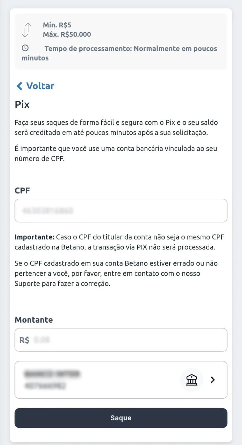 Captura de tela mostrando como sacar na Betano via Pix