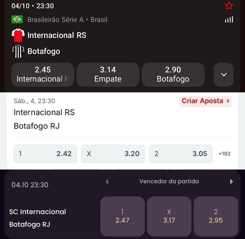 Captura de tela mostra a oferta de três casas de apostas diferentes para um mesmo jogo. Legenda: Montagem compara a oferta de três casas para o jogo Internacional x Botafogo, do dia 04/10/2025