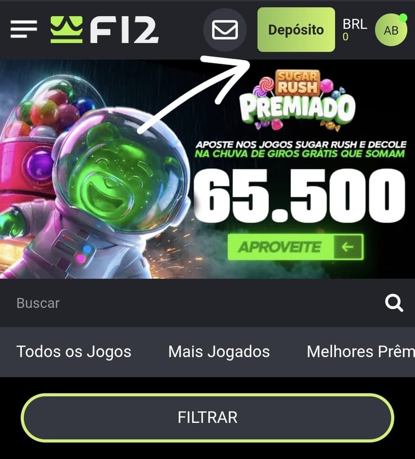 Captura de tela da página inicial da F12 Bet com a indicação do botão para depositar via Pix.