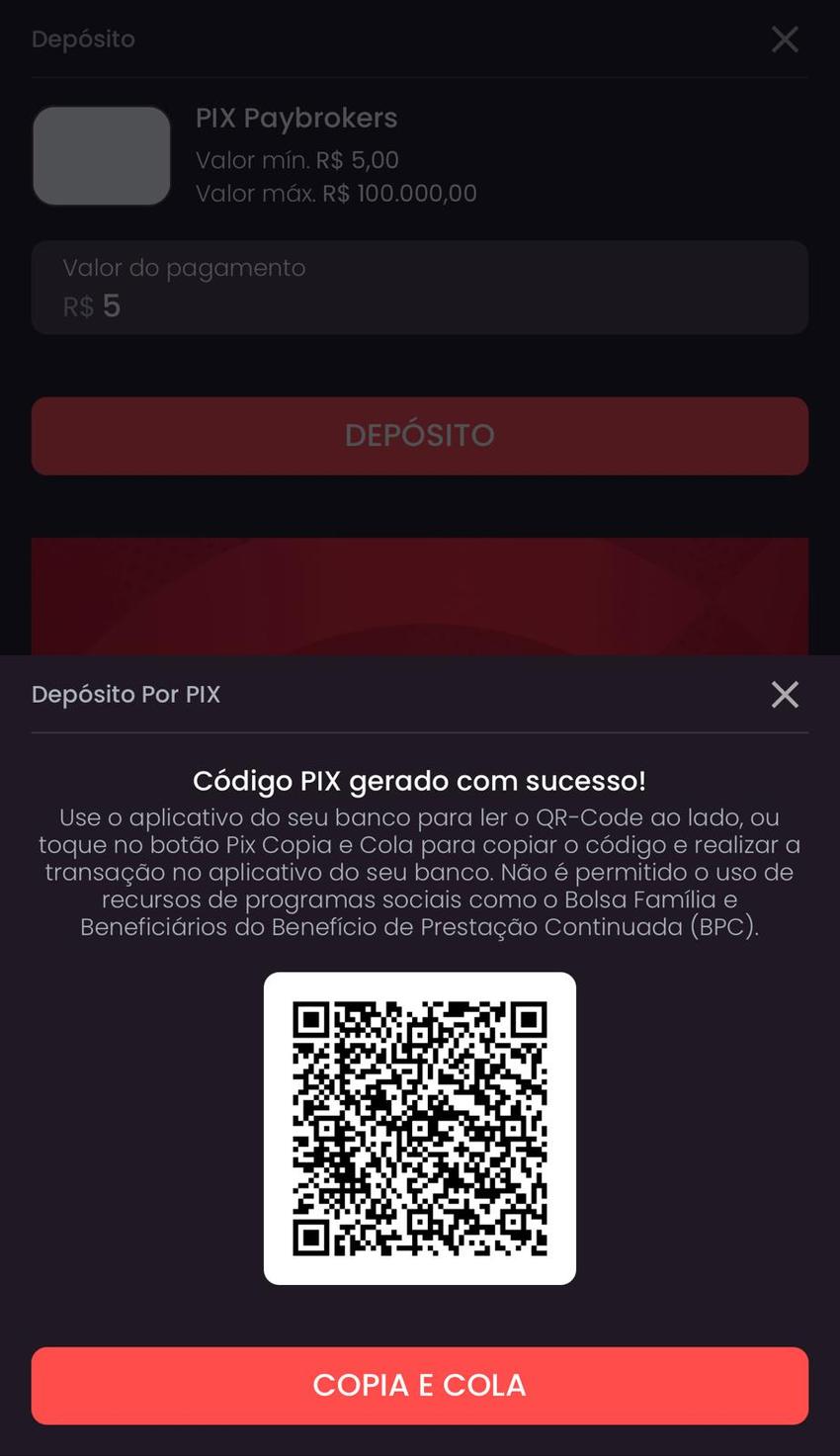 Captura de tela de pagamento na Onabet Aposta