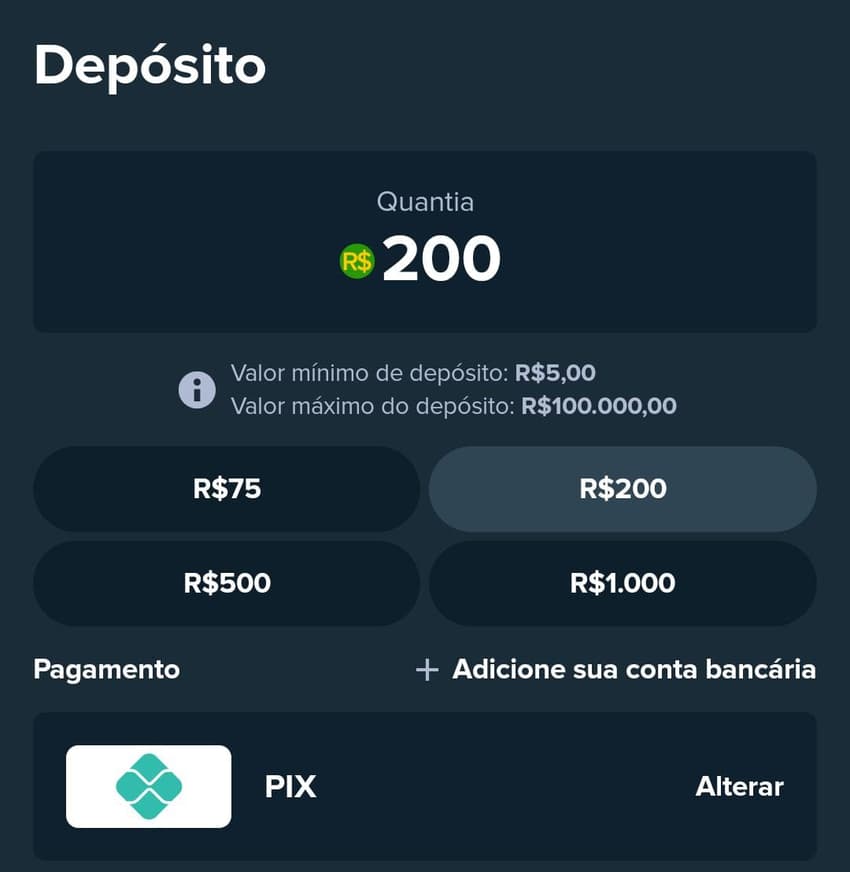 Captura de tela com depósito de R$200 via Pix no Stake App para Android.