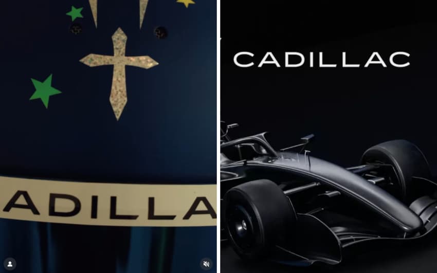 Do lado esquerdo, a marca que aparece no vídeo de Felipe Drugovich. No direito, a marca da Cadillac (Fotos: Divulgação)