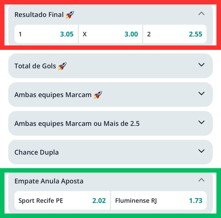 Captura de tela mostra diferença entre Resultado Final e Empate Anula Aposta na Novibet.