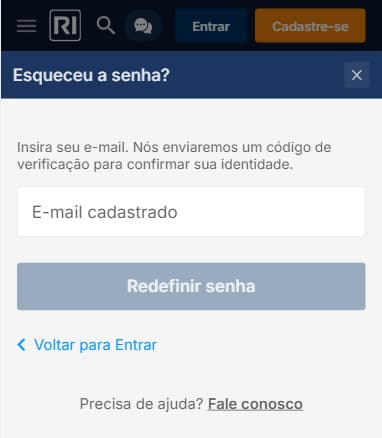 Formulário para recuperar senha na Rivalo.