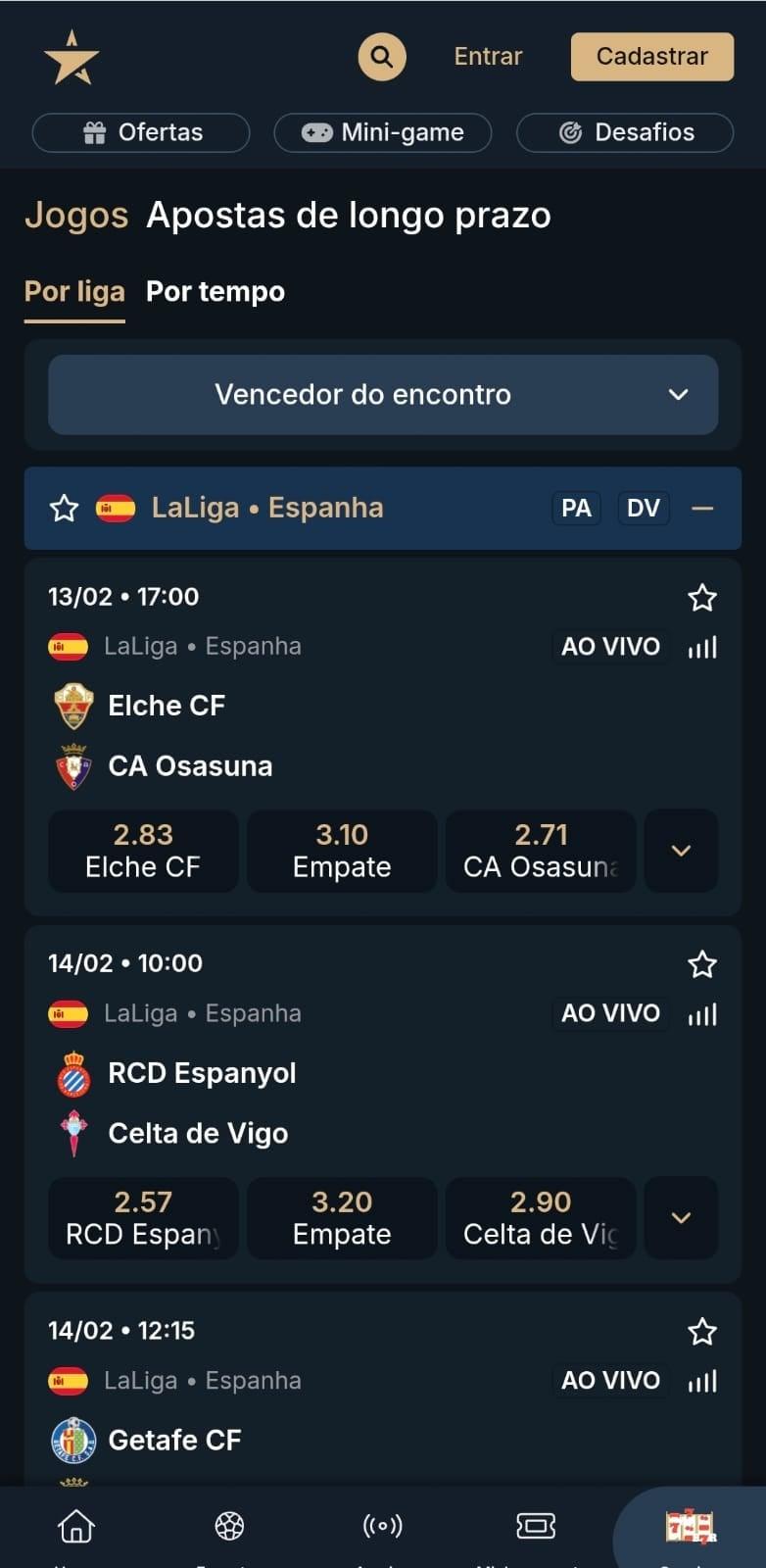 Captura de tela dos jogos agendados para apostar no Campeonato Espanhol na EstrelaBet.