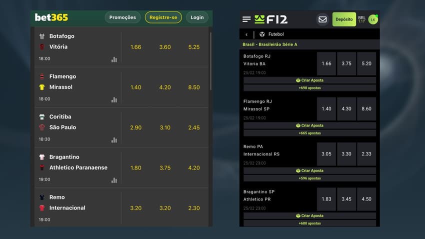 Captura de tela tirada em 23/02/2026 mostra odds para jogos da 4ª rodada do Brasileirão em F12 Bet e bet365