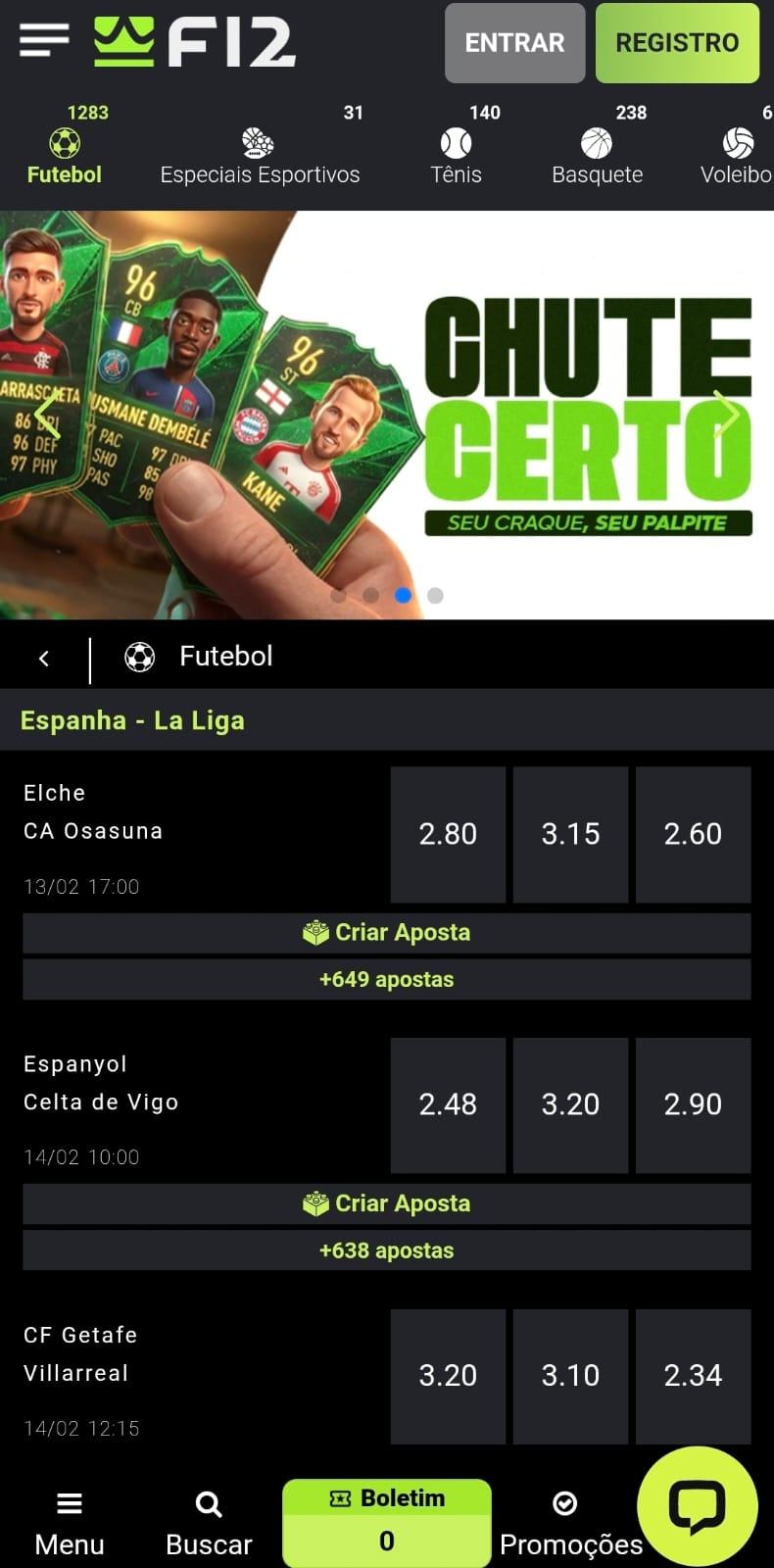 Captura de imagem exibindo os jogos da La Liga disponíveis para apostas na semana no site oficial da F12Bet.