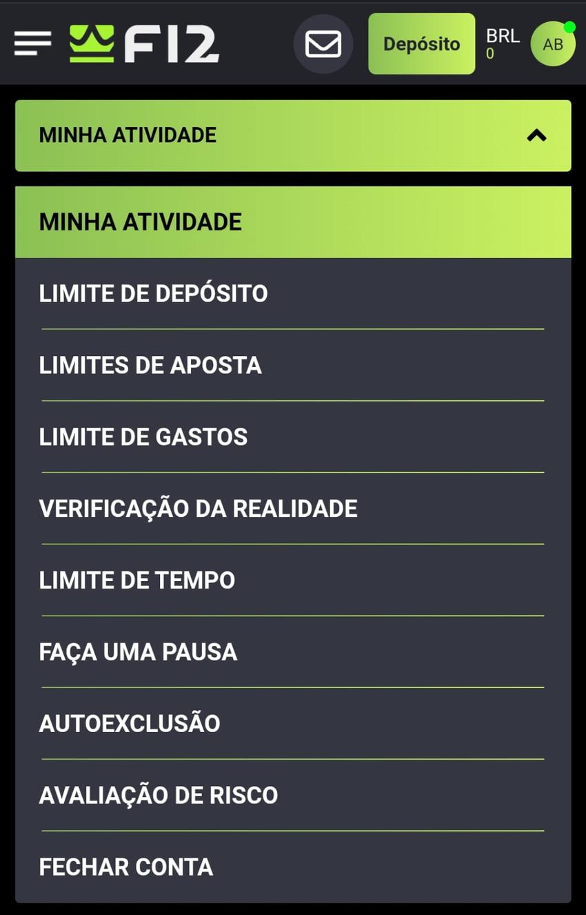 Captura de tela da página com as ferramentas de controle do jogo responsável na F12 Bet.
