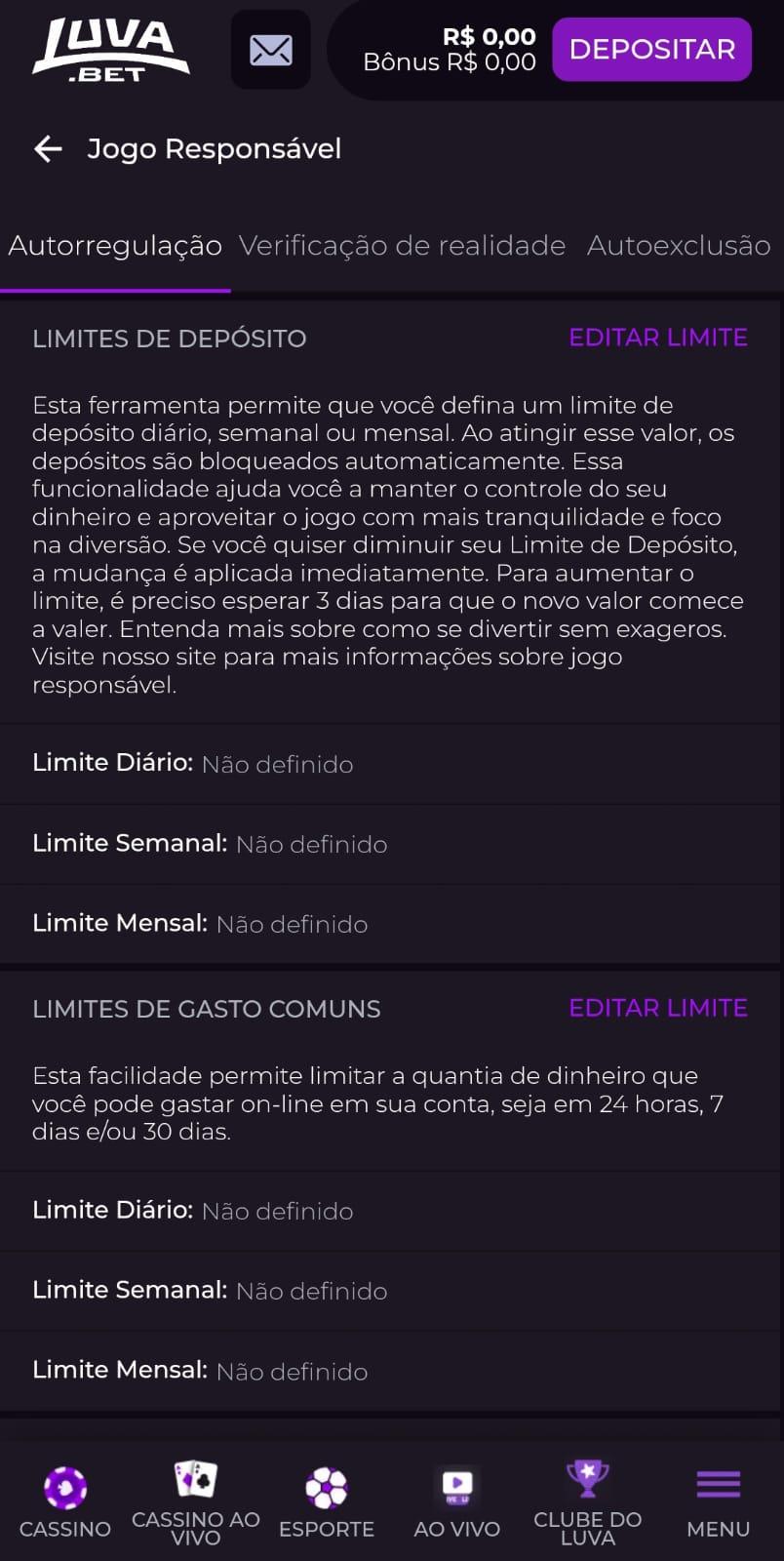 Captura de tela das ferramentas de jogo responsável no Luva Bet.