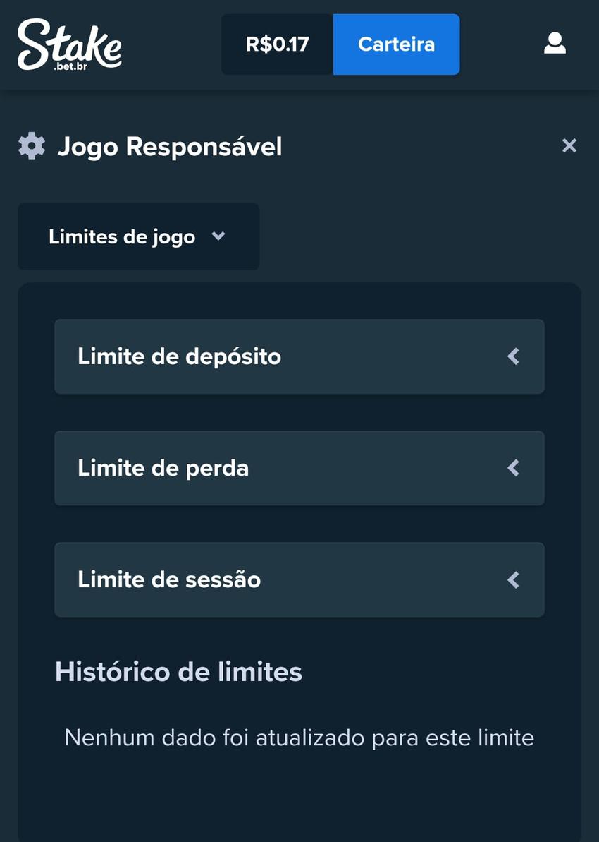 Captura de tela das ferramentas de jogo responsável no site oficial da Stake.