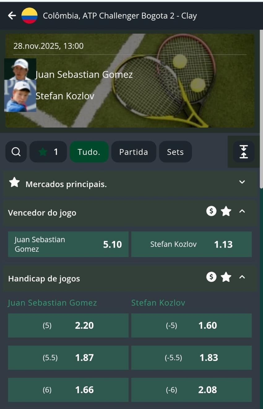 Captura de tela de um evento de tênis no site da Seguro Bet com os mercados de apostas.