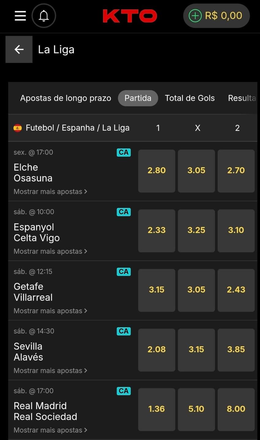 Captura de tela das opções de apostas no Campeonato Espanhol na página oficial da KTO.