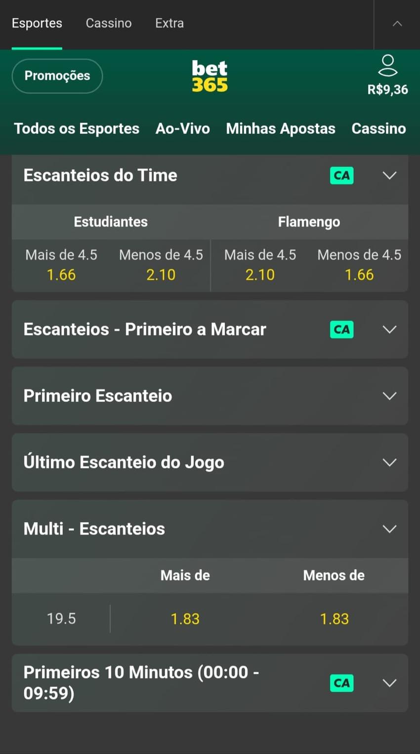 Captura de tela referente a escanteios.