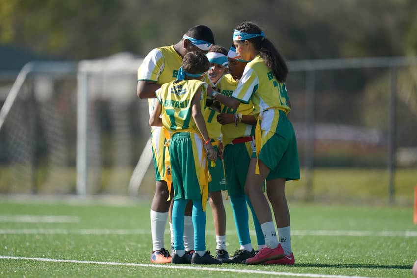 Team Brazil in the International NFL Flag Football Championship Tournament, Friday, Jan. 31, 2025 in Orlando, Fla. (Vera Nieuwenhuis/AP Images for the NFL) Time do Brasil no NFL Flag Football Championship (Foto: Vera Nieuwenhuis/AP Images for the NFL)