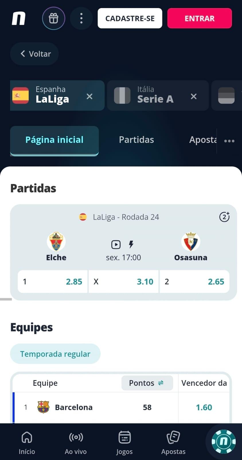 Captura de tela das partidas e equipes da La Liga na Novibet.