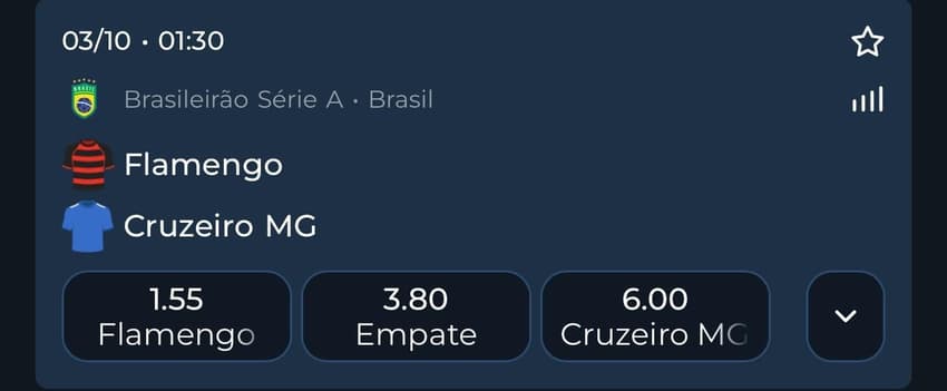 Captura de tela mostra odds para o jogo Flamengo x Cruzeiro, do dia 03/10/2025