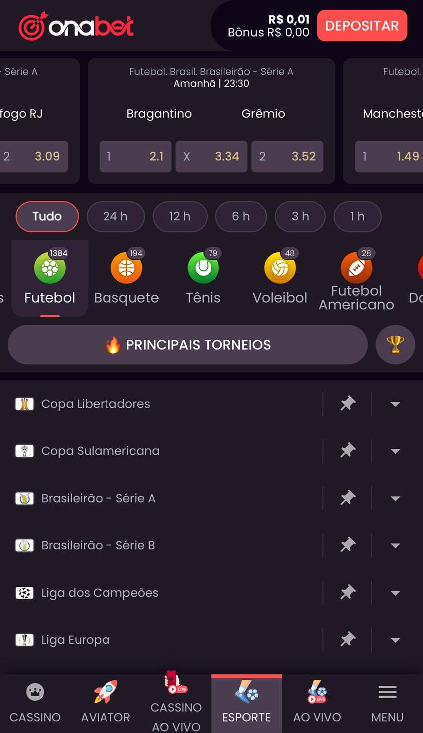 Captura da tela de apostas em futebol na Onabet