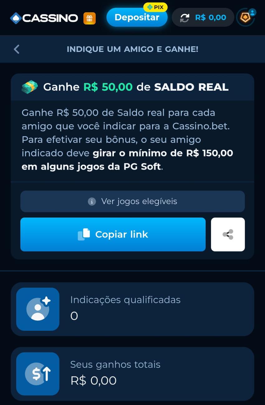 Captura de tela do bônus CassinoPix Indique e Ganhe.