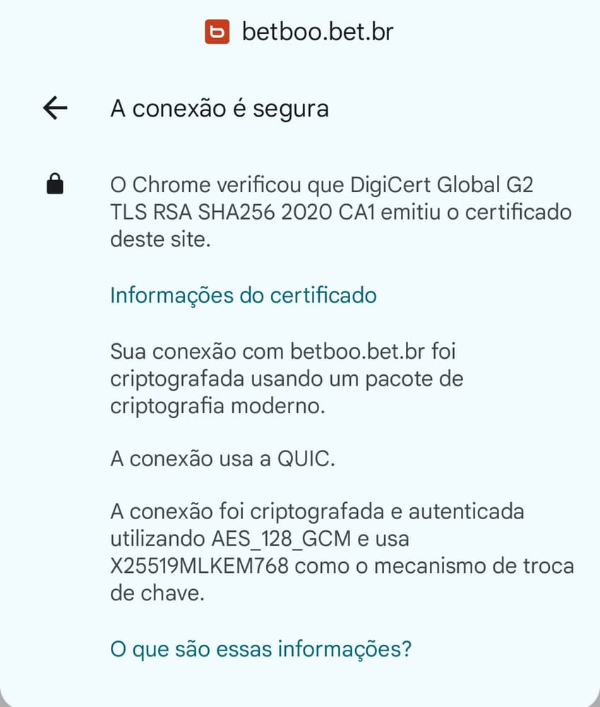 Captura de tela do protocolo HTTPS indicando que o site oficial da Betboo é seguro.