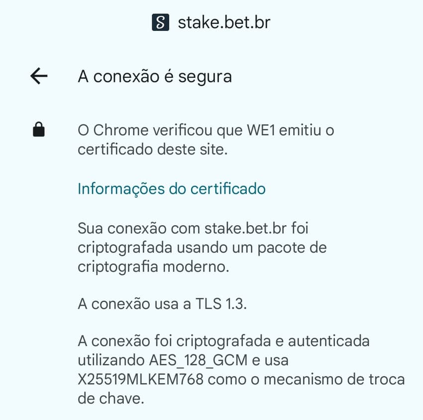 Captura de tela do certificado de criptografia indicando que o site da Stake é seguro.