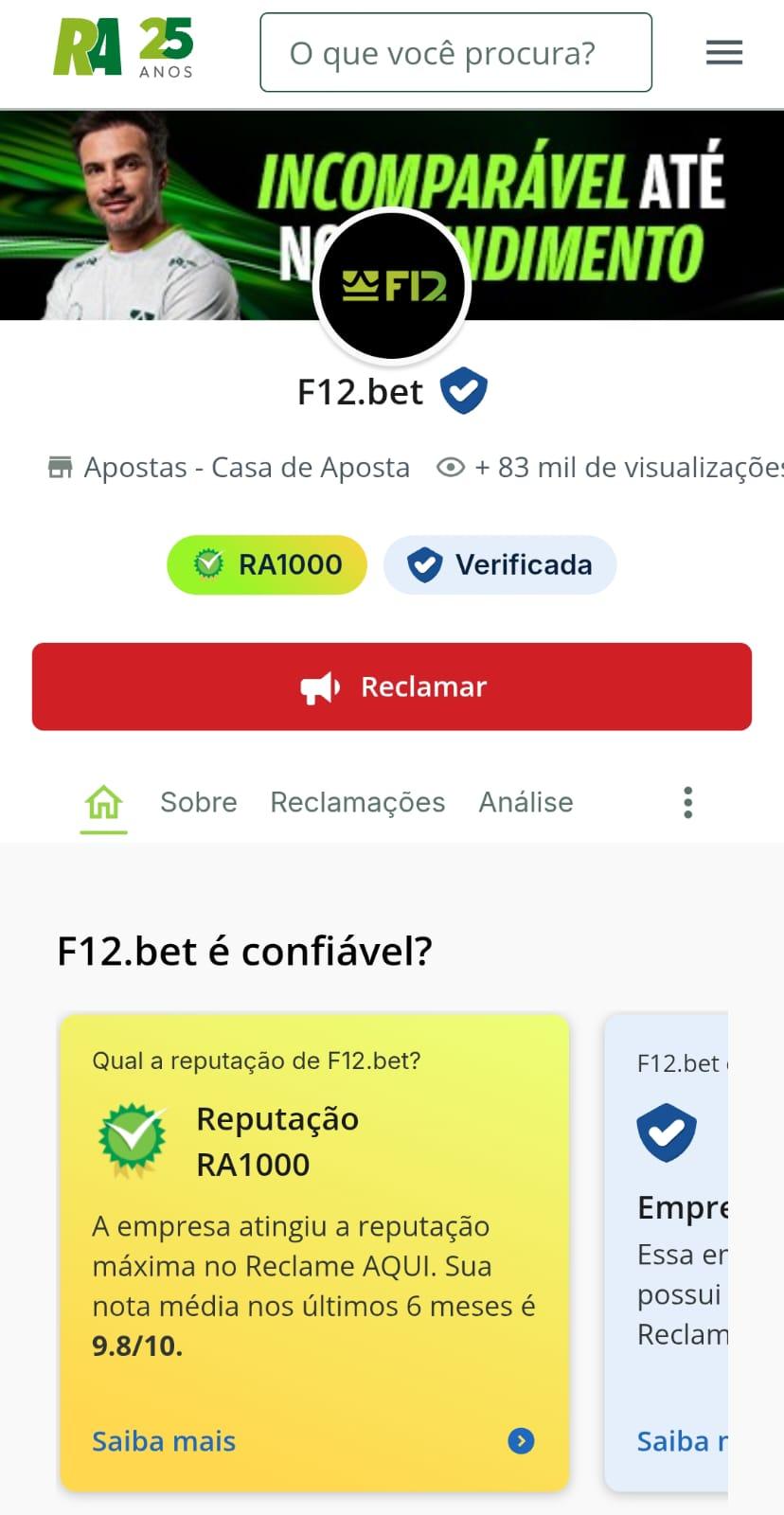 Captura de tela da página da F12 Bet no Reclame Aqui com seu selo RA1000.