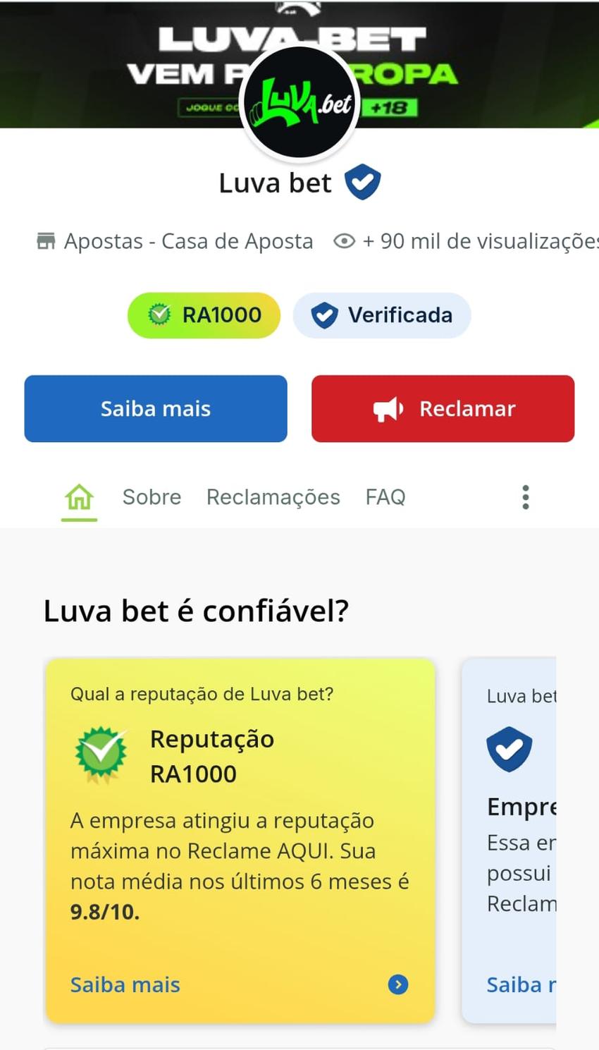 Captura de tela da página oficial do Reclame Aqui indicando que o Luva Bet é confiável e tem selo RA1000.