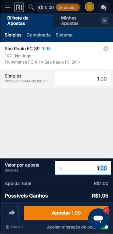 Bilhete de aposta da Rivalo com seleção em São Paulo vs Fluminense e cálculo de possíveis ganhos