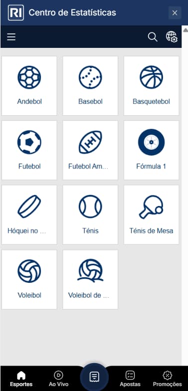 Centro de estatísticas da Rivalo com esportes disponíveis