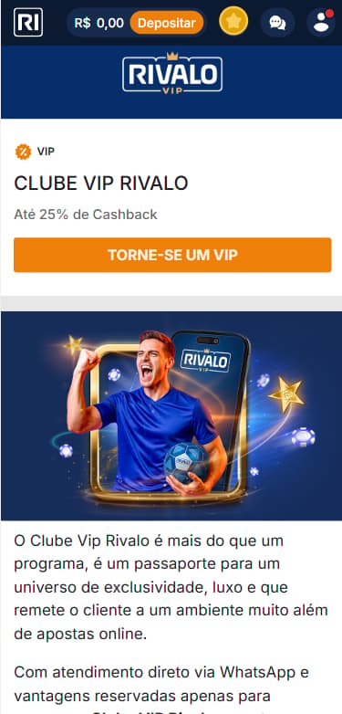 Página do Clube VIP Rivalo com oferta de cashback e benefícios exclusivos para usuários