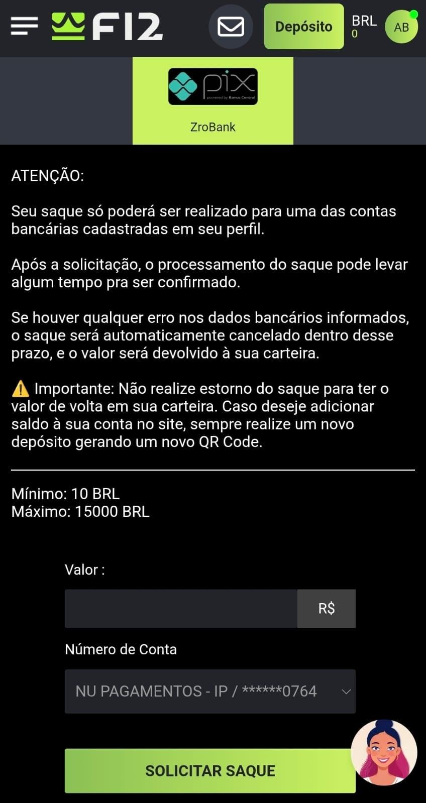 Captura de tela da tela de solicitação de saque via Pix na F12 Bet com orientações para a transação, valores mínimos e botão de confirmação.