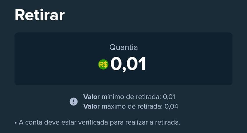 Captura de tela com saque mínimo R$0,01 no Stake App via Pix.