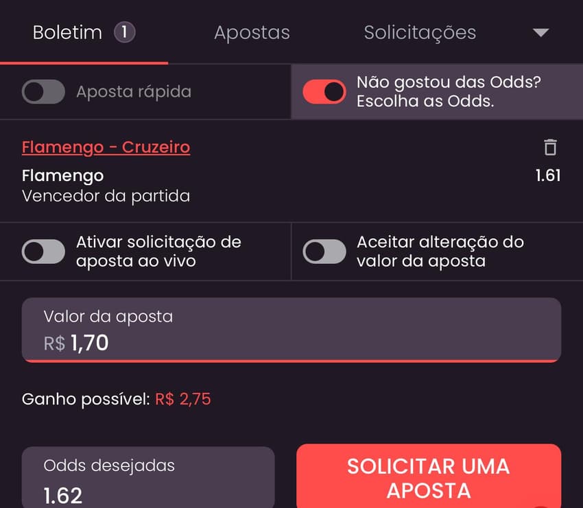 Captura de tela de solicitação de aposta na Onabet
