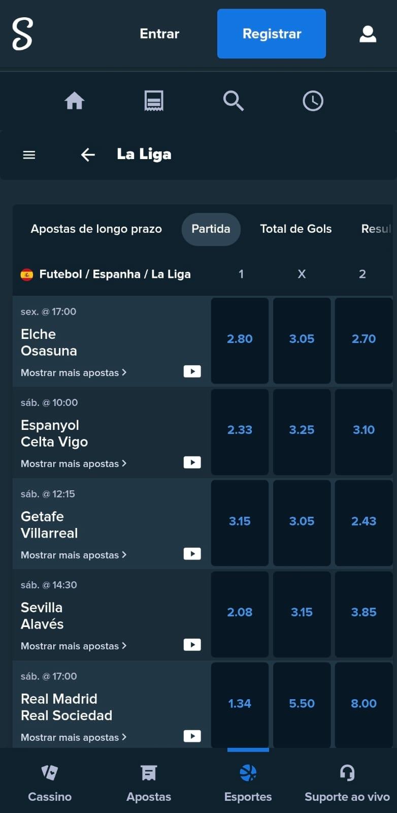 Captura de tela dos jogos da semana na Stake com odds e mercados para apostar na La Liga.