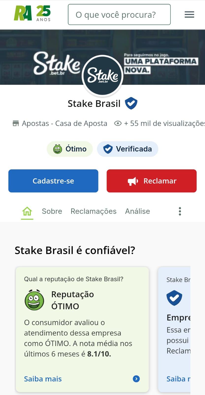 Captura de tela das avaliações do Reclame Aqui indicando que a Stake é confiável.