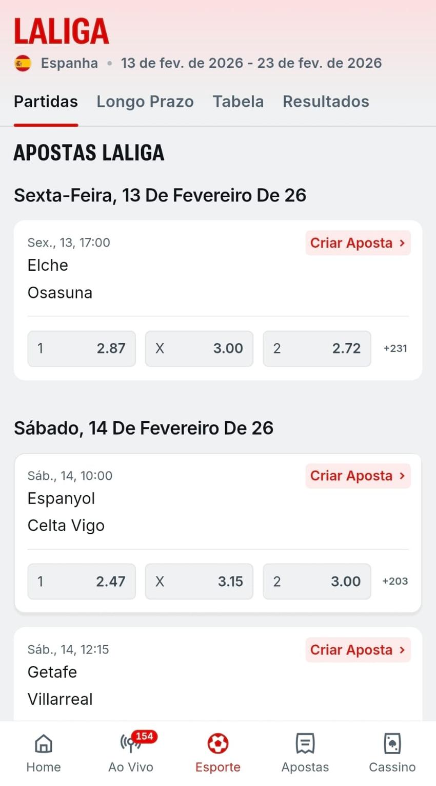 Captura de tela dos mercados de apostas e jogos da La Liga na Superbet.