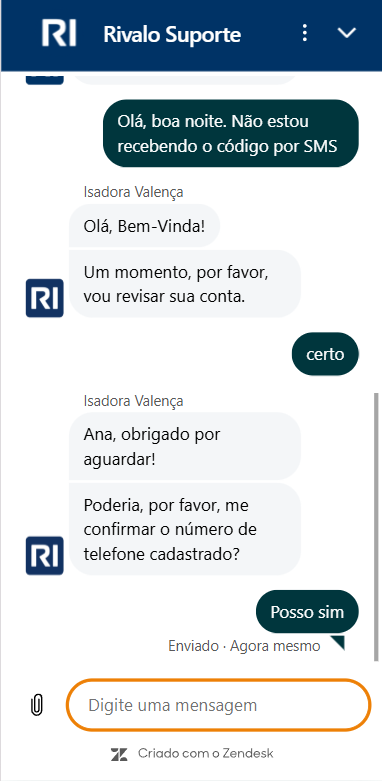 Suporte ao vivo na Rivalo sobre código token por SMS.