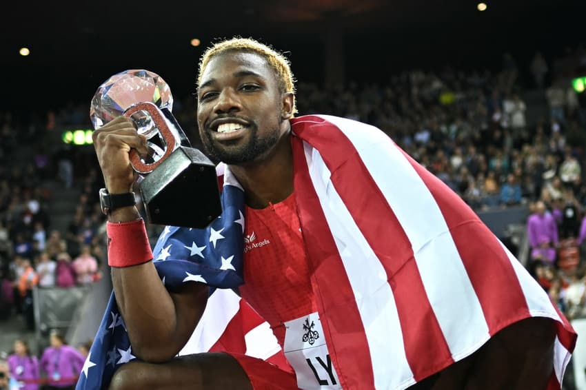 US Noah Lyles celebrates after winning the 200m Men event of the Diamond League athletics meeting &quot;Weltklasse&quot; at the Letzigrund stadium in Zurich, on August 28, 2025. (Photo by Fabrice COFFRINI / AFP)