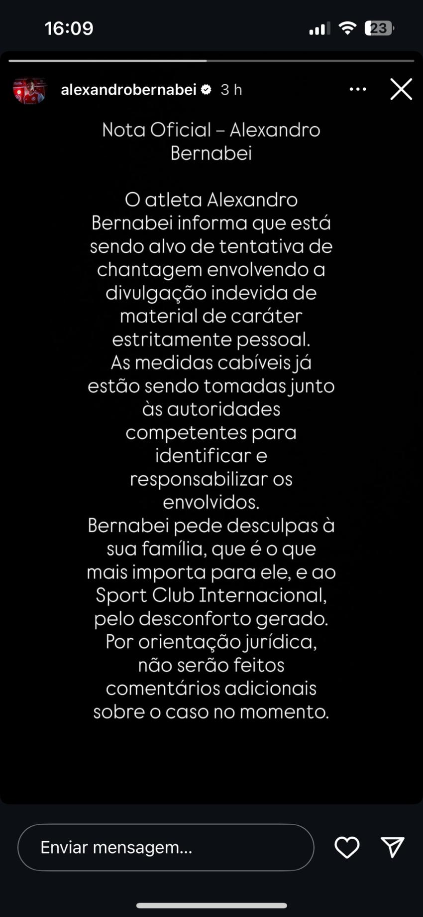Story do Instagram de Bernabei, lateral do Internacional