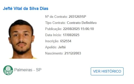 Jefté, jogador do Palmeiras, aparece no BID da CBF