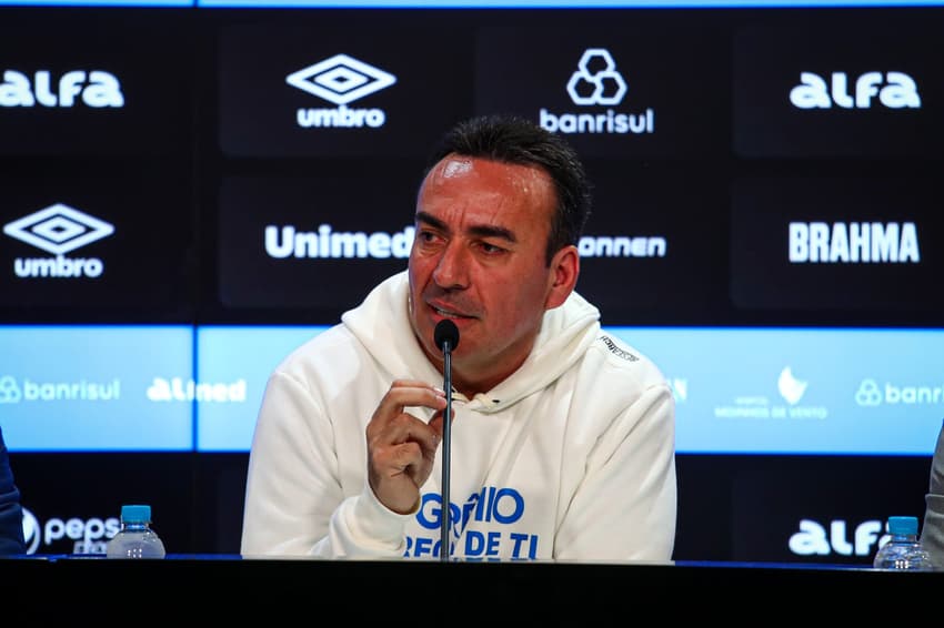 Marcelo Marques em entrevista coletiva após a compra da gestão da Arena do Grêmio. (Foto: Angelo Pieretti/Grêmio FBPA)