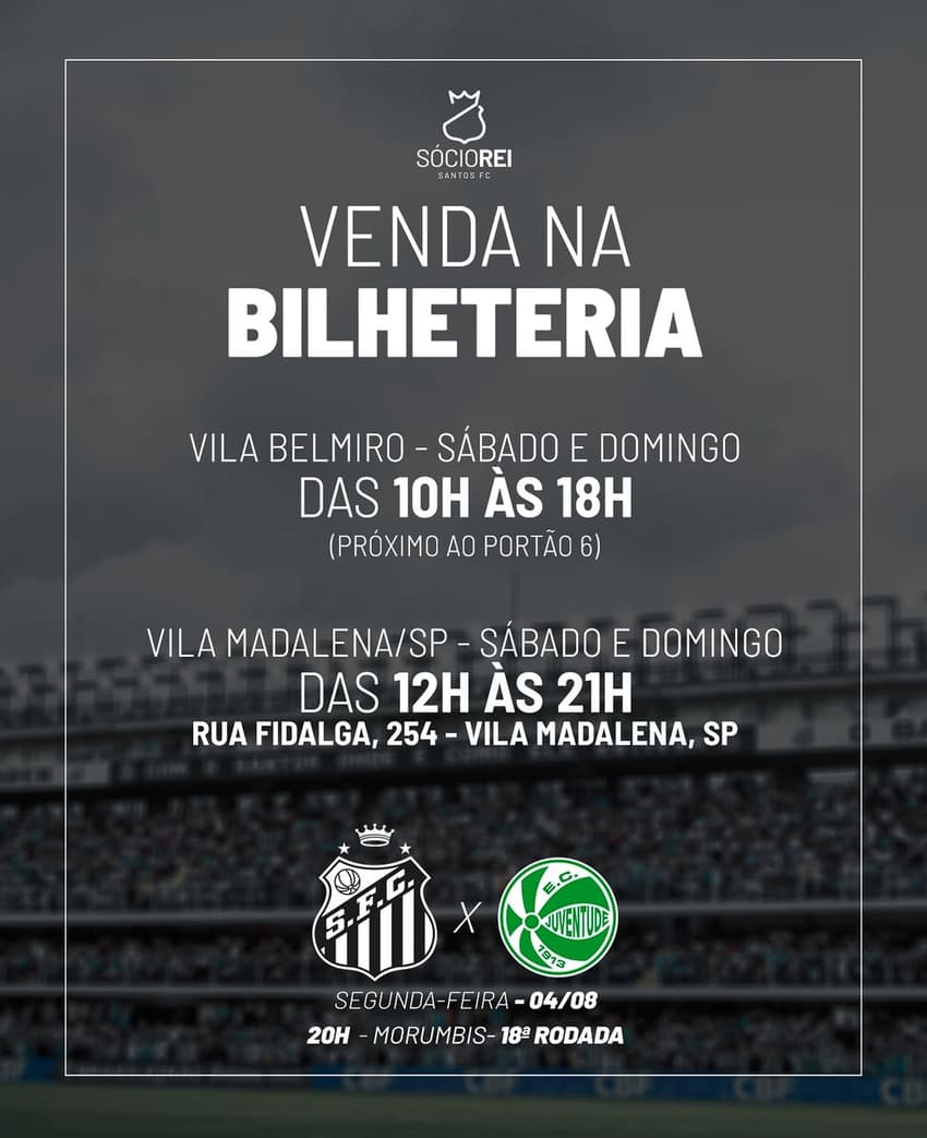 Santos inicia a venda de ingressos na bilheteria da Vila Belmiro para duelo diante do Juventude, no Morumbis. (Foto: Divulgação/ Santos FC)