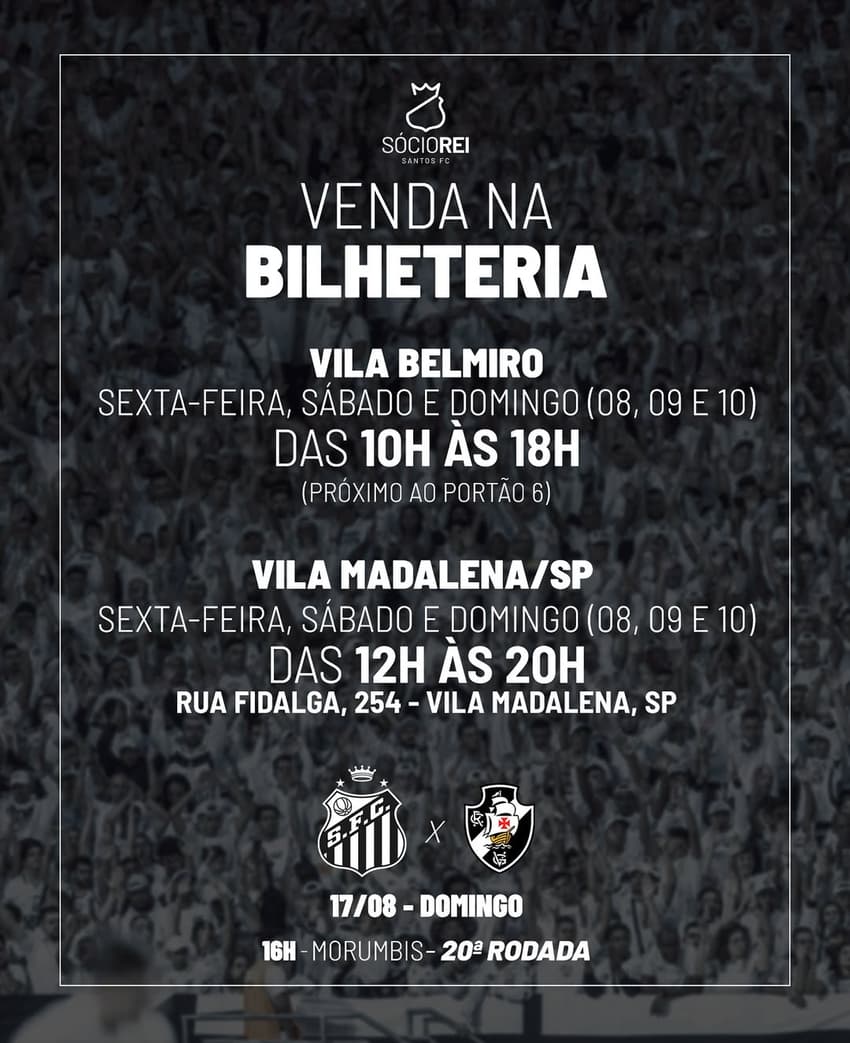 Santos inicia venda de ingressos para o duelo no Morumbis contra o Vasco. (Foto: Divulgação/ Santos FC)