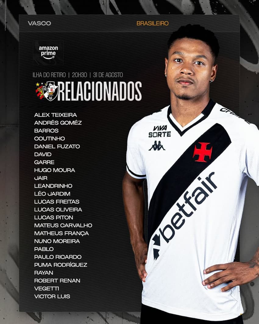 Confira a lista de relacionados do duelo entre o Vasco e o Sport, na Ilha do Retiro. (Foto: Divulgação/ Vasco)