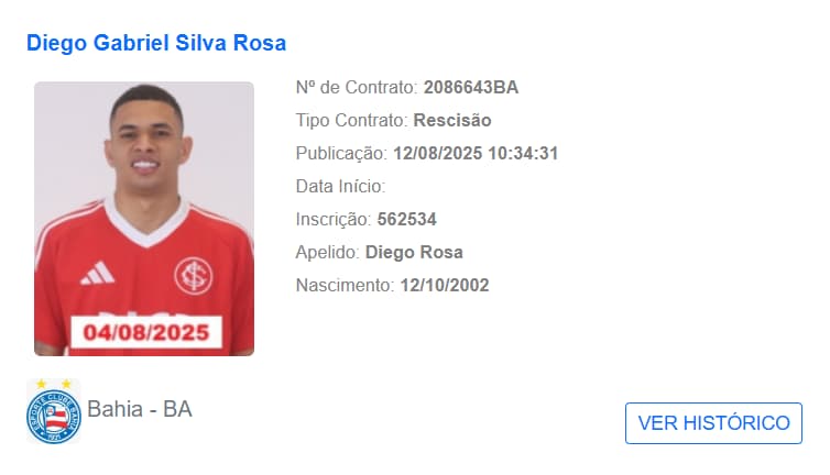 Diego Rosa tem rescisão com o Bahia publicada no BID (Foto: reprodução)