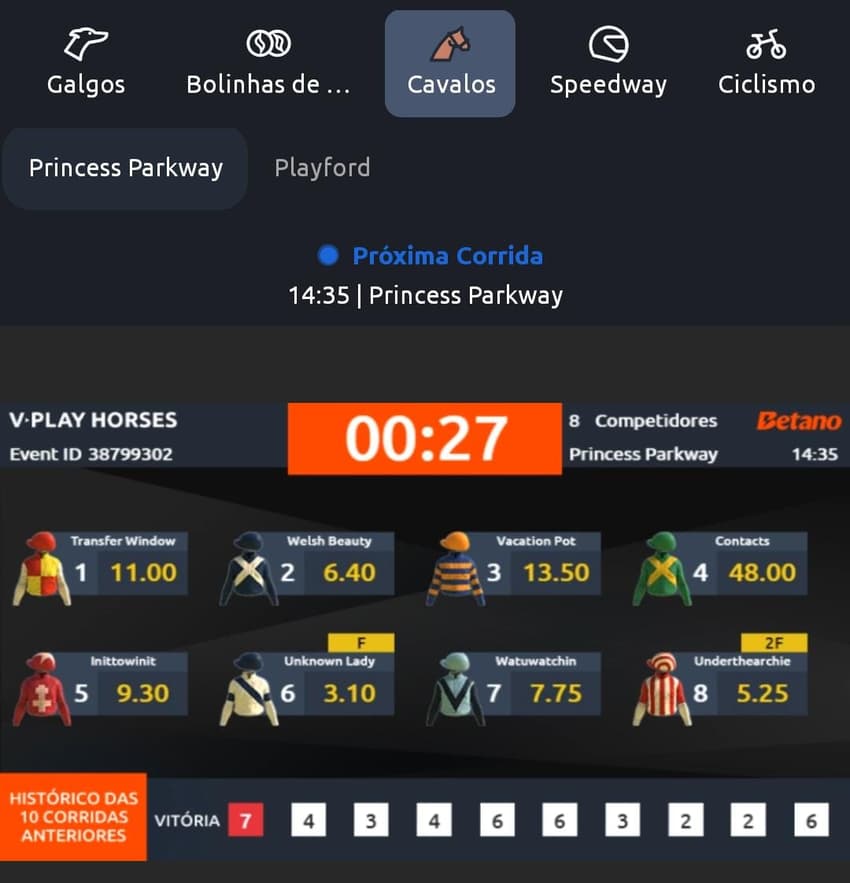 Captura de tela da aposta corrida de cavalo na Betano.