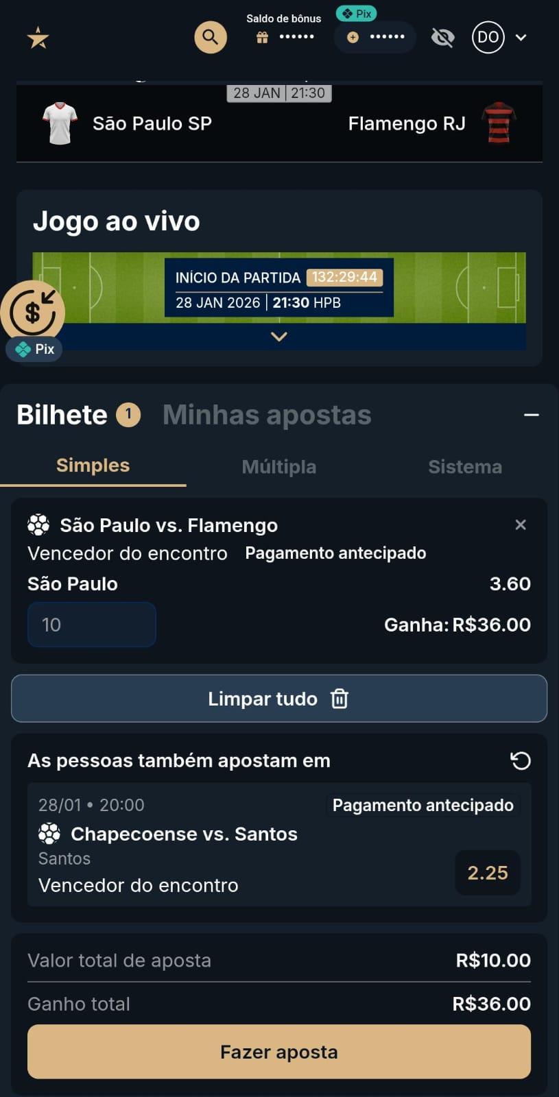 Captura de tela do bilhete de aposta no aplicativo Estrela Bet.