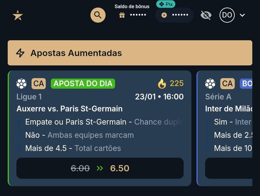 Captura de tela das Apostas Aumentadas no app da Estrela Bet.
